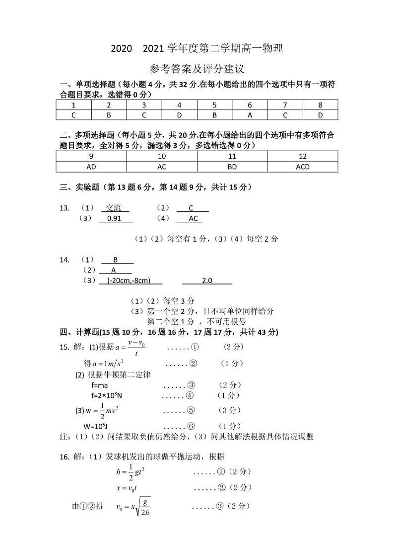 高一下学期物理参考答案第1页