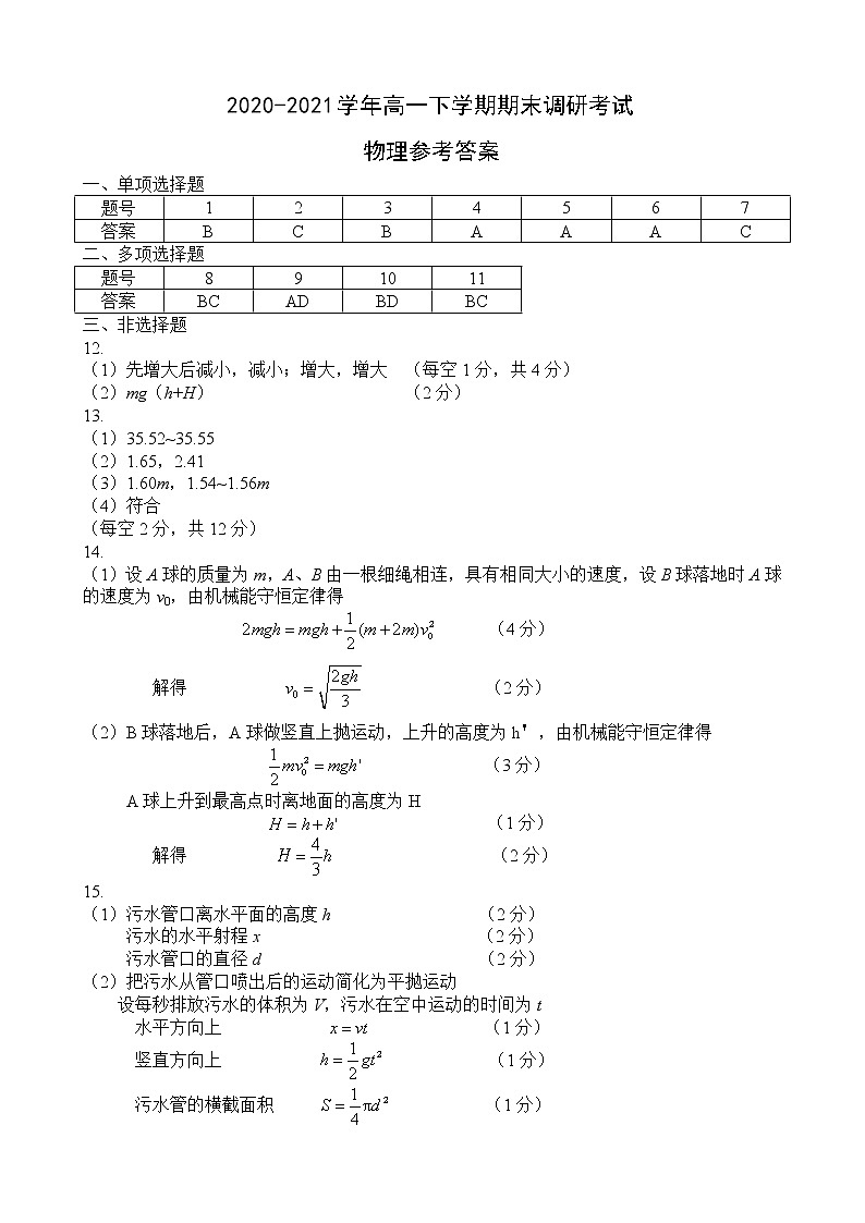 2021.6高一期末调研物理参考答案第1页