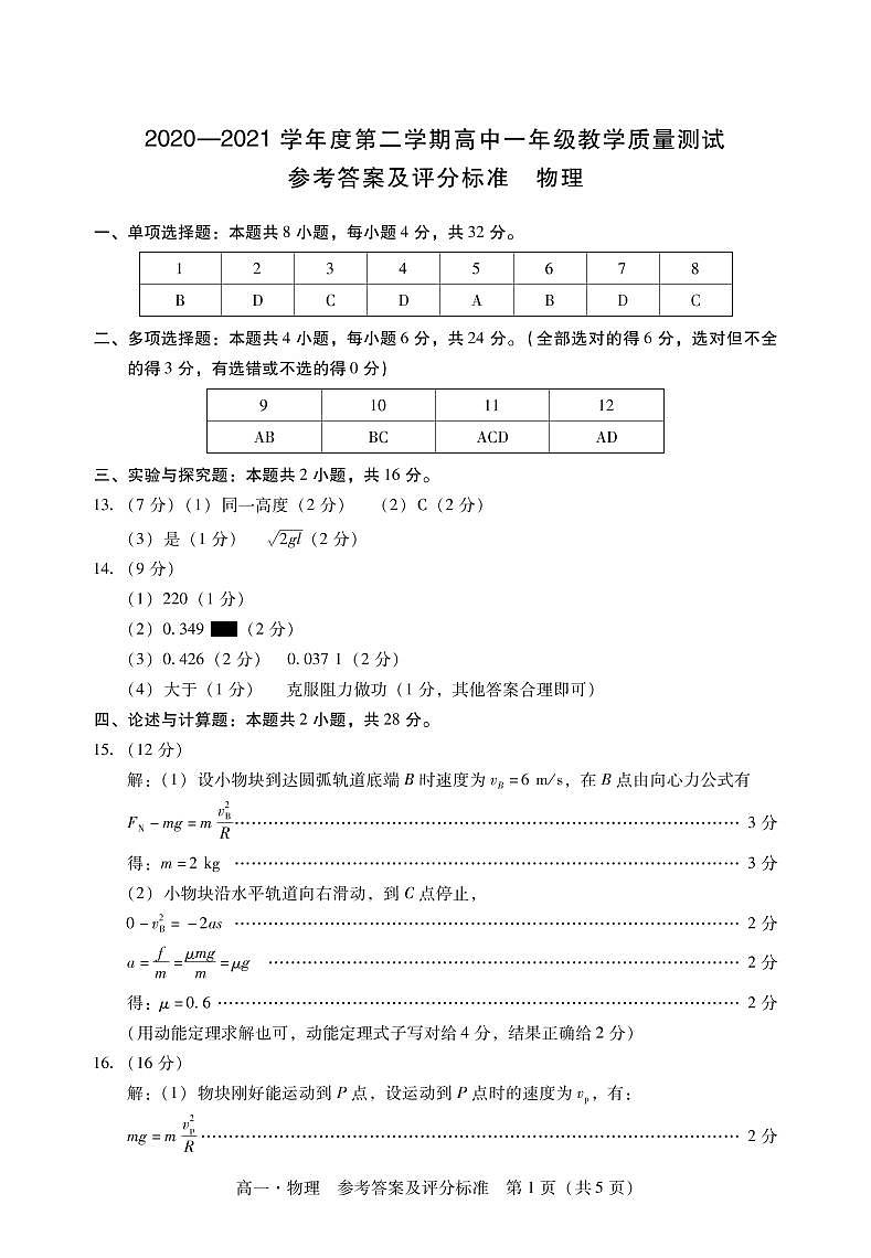 2021汕尾高一下学期期末考试物理试题PDF版含答案01