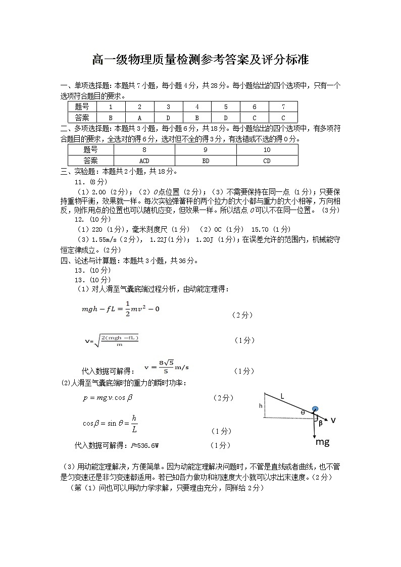 高一物理期末测试答案及评分标准第1页