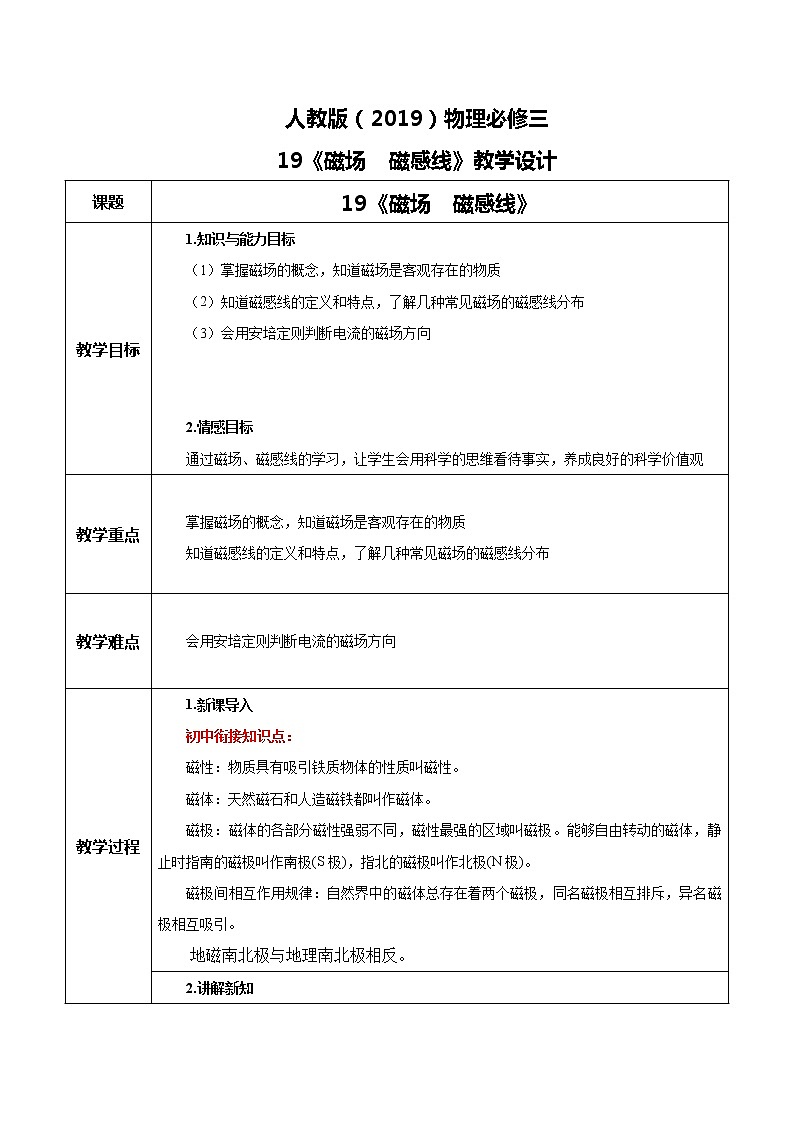 人教版（2019）高中物理必修三13.1《磁场  磁感线》教案第1页