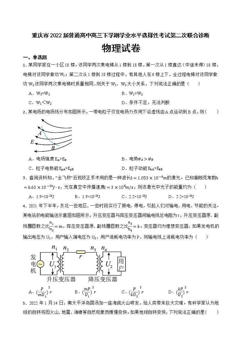 2022届重庆市普通高中高三下学期学业水平选择性考试第二次联合诊断物理试卷（word版）01