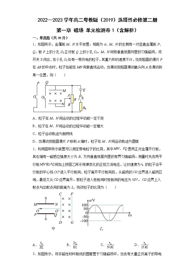 2022—2023学年高二粤教版（2019）选择性必修第二册 第一章 磁场 单元检测卷1（含解析）01