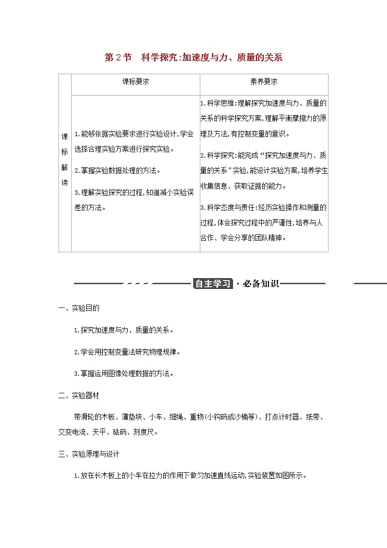 鲁科版高中物理必修第一册第5章牛顿运动定律第2节科学探究加速度与力质量的关系学案01