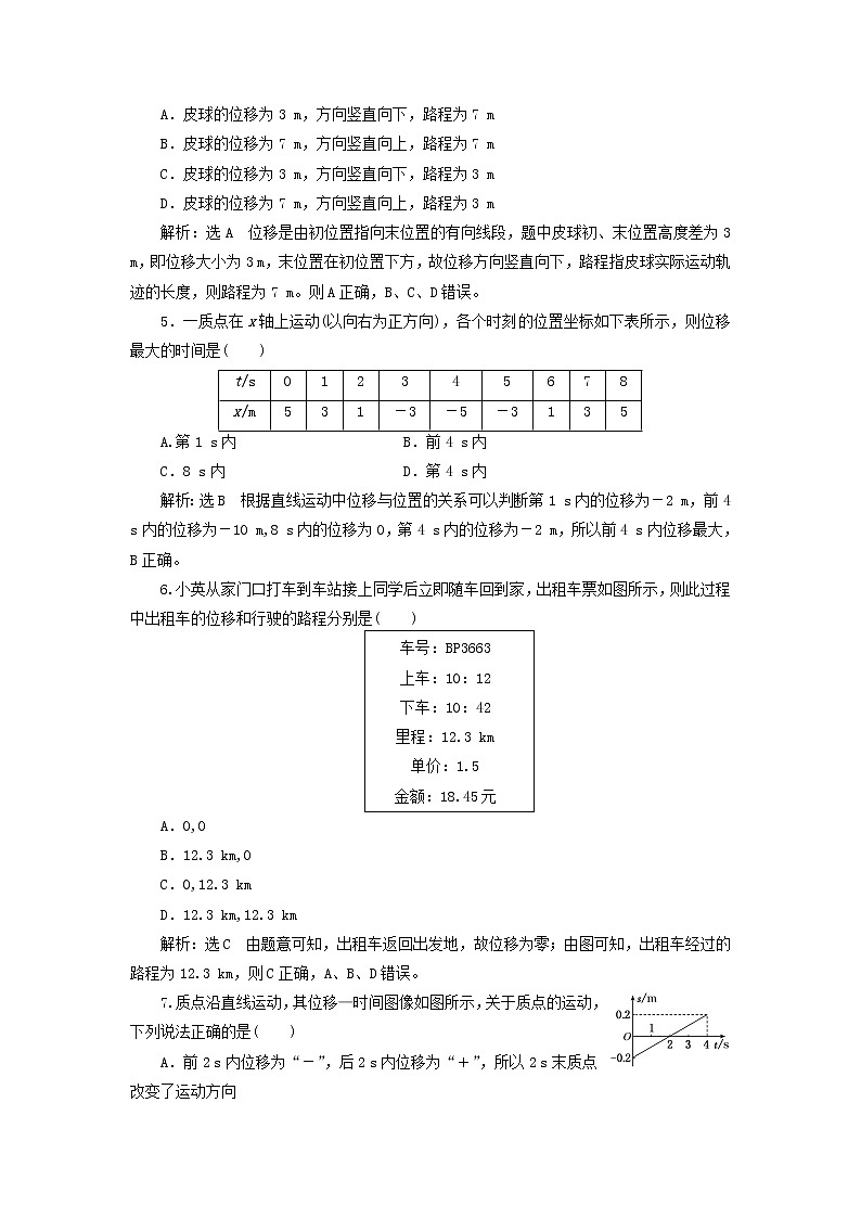鲁科版高中物理必修第一册课时检测2质点和位移含解析02