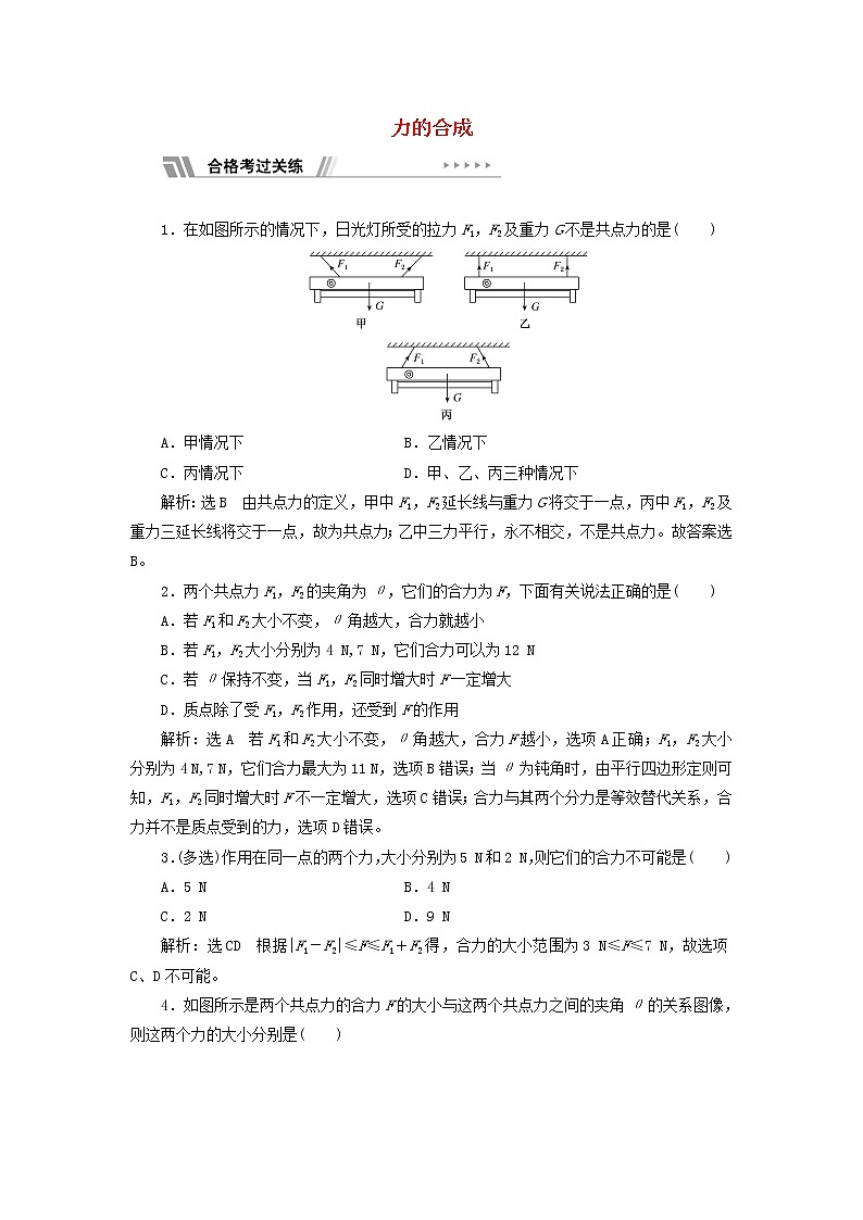 鲁科版高中物理必修第一册课时检测13力的合成含解析01