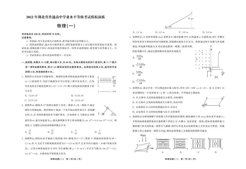 2021-2022学年湖北省普通高中学业水平等级考试模拟演练（一）物理试题（PDF版）01