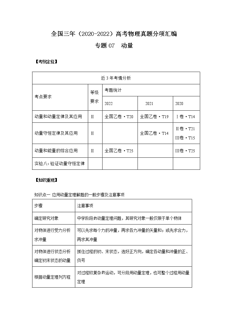 专题07 动量-三年（2020-2022）高考物理真题模拟题分类练（全国卷专用）01