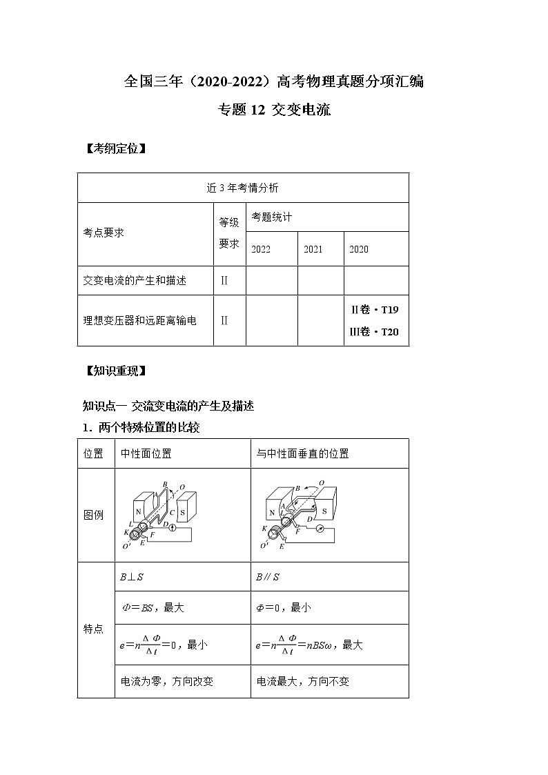专题12 交变电流-三年（2020-2022）高考物理真题模拟题分类练（全国卷专用）01