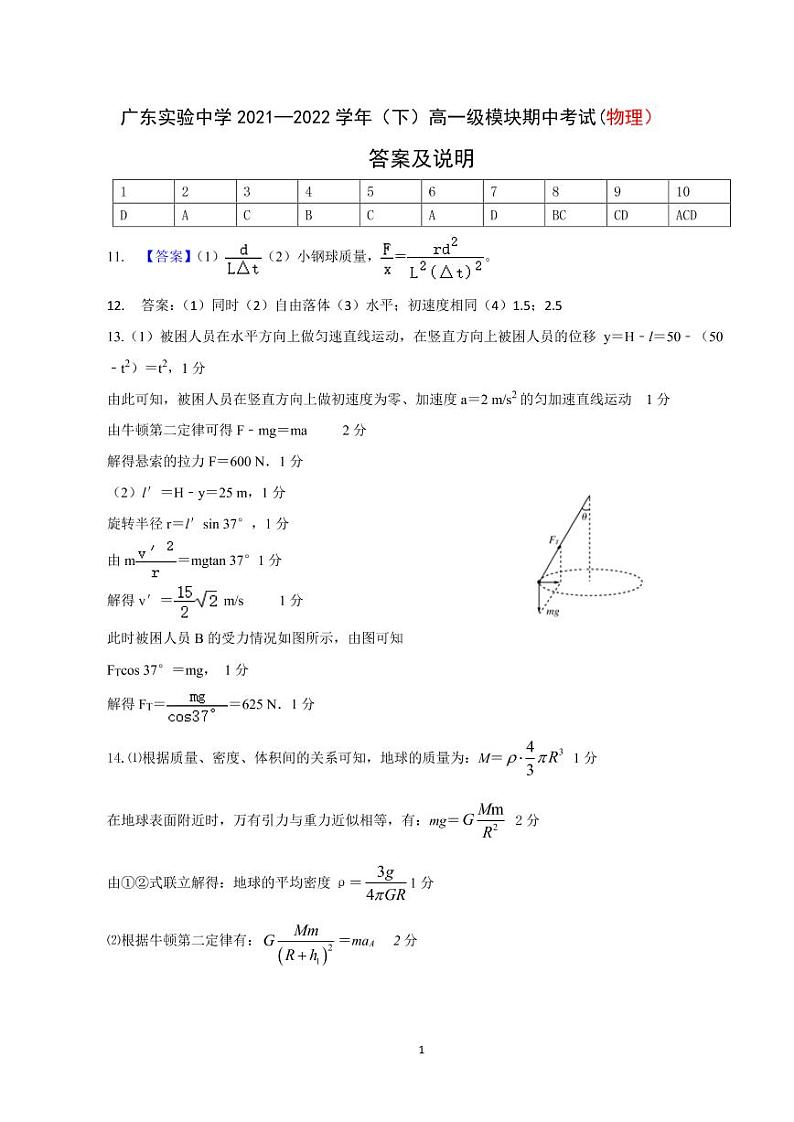 高一物理期中考试答案第1页