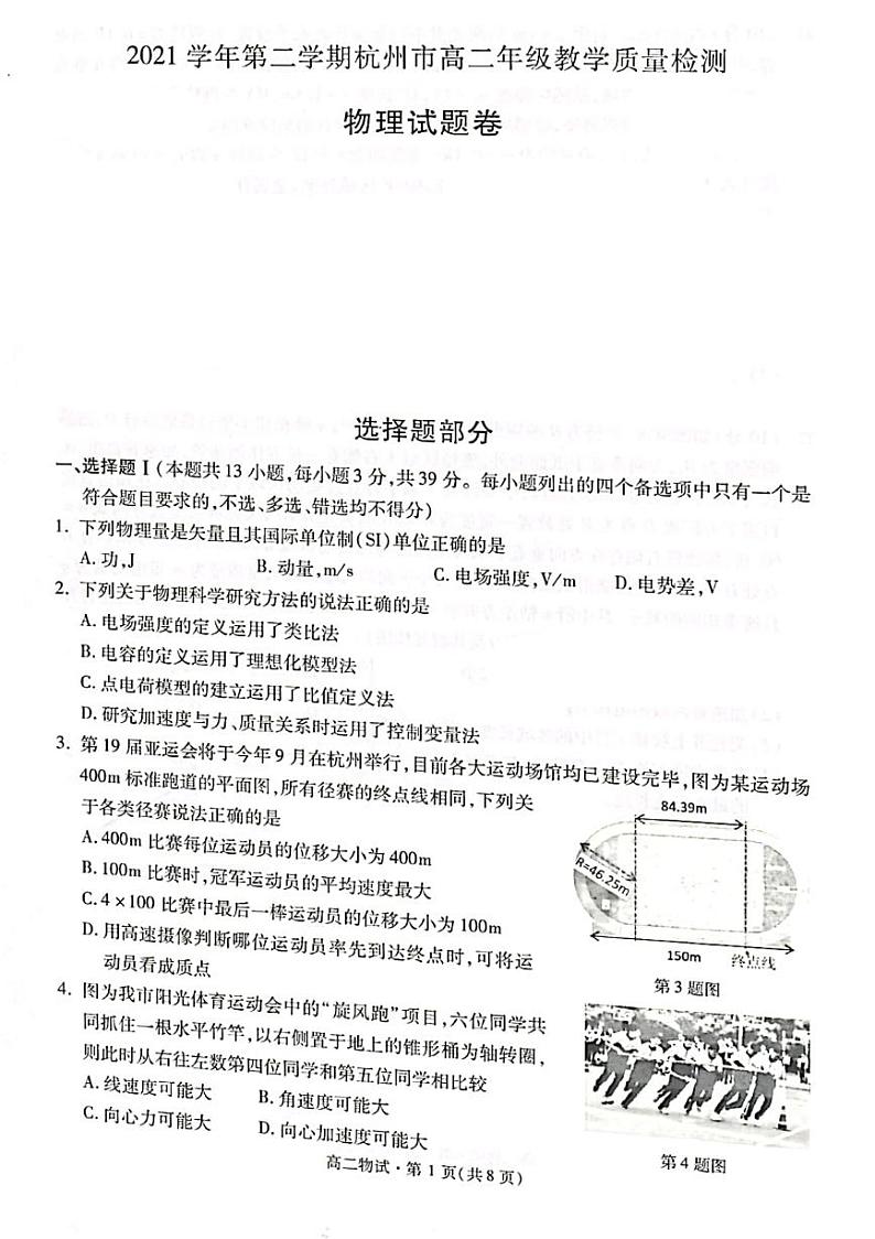 2021-2022学年浙江省杭州市高二下学期期末教学质量检测 物理 PDF版01