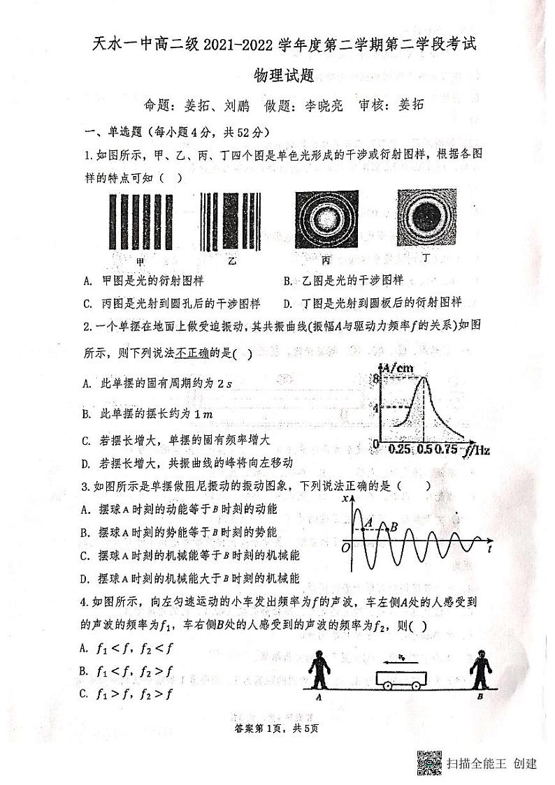 2021-2022学年甘肃省天水市第一中学高二下学期期中考试物理试题 PDF版第1页