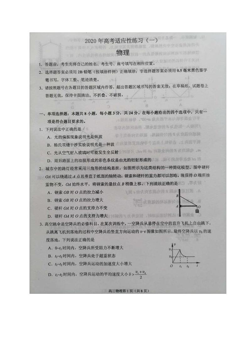 2020届山东省烟台市高三高考适应性练习（一）物理试题 PDF版01