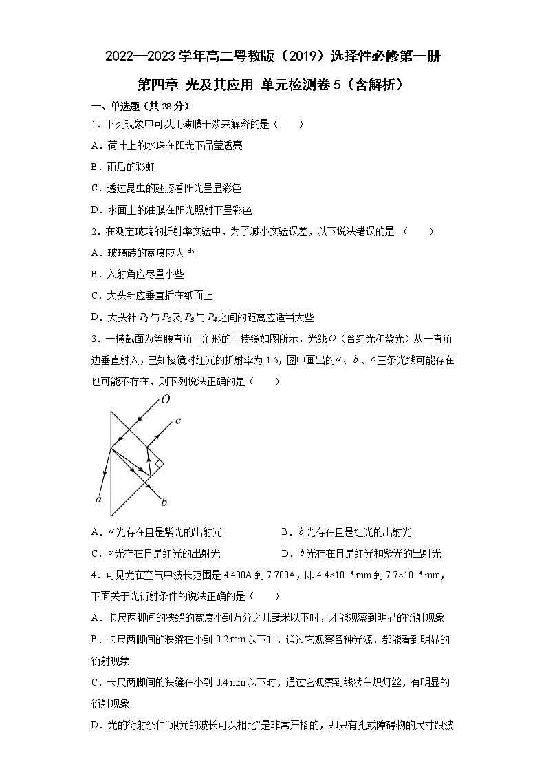 2022—2023学年高二粤教版（2019）选择性必修第一册 第四章 光及其应用 单元检测卷5（含解析）第1页