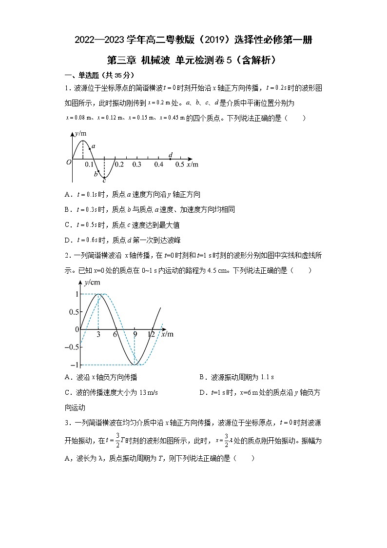 2022—2023学年高二粤教版（2019）选择性必修第一册 第三章 机械波 单元检测卷5（含解析）第1页