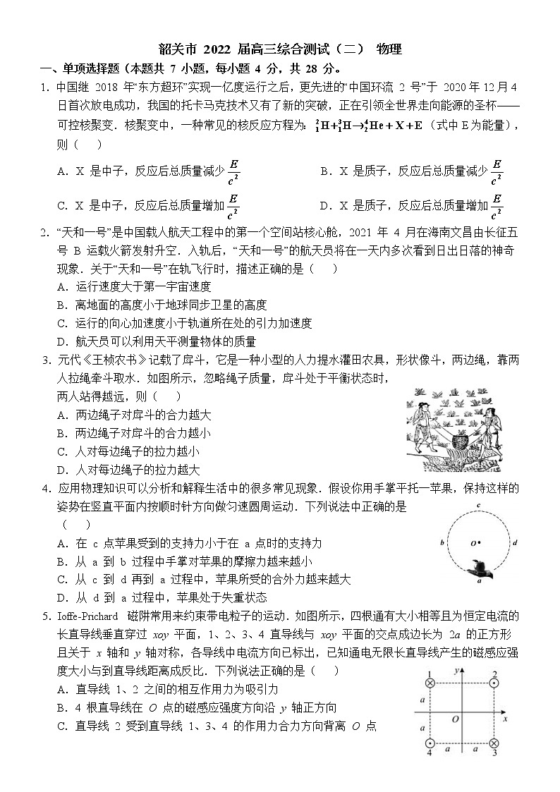 广东省韶关市2022届高三综合测试（二）物理试题第1页