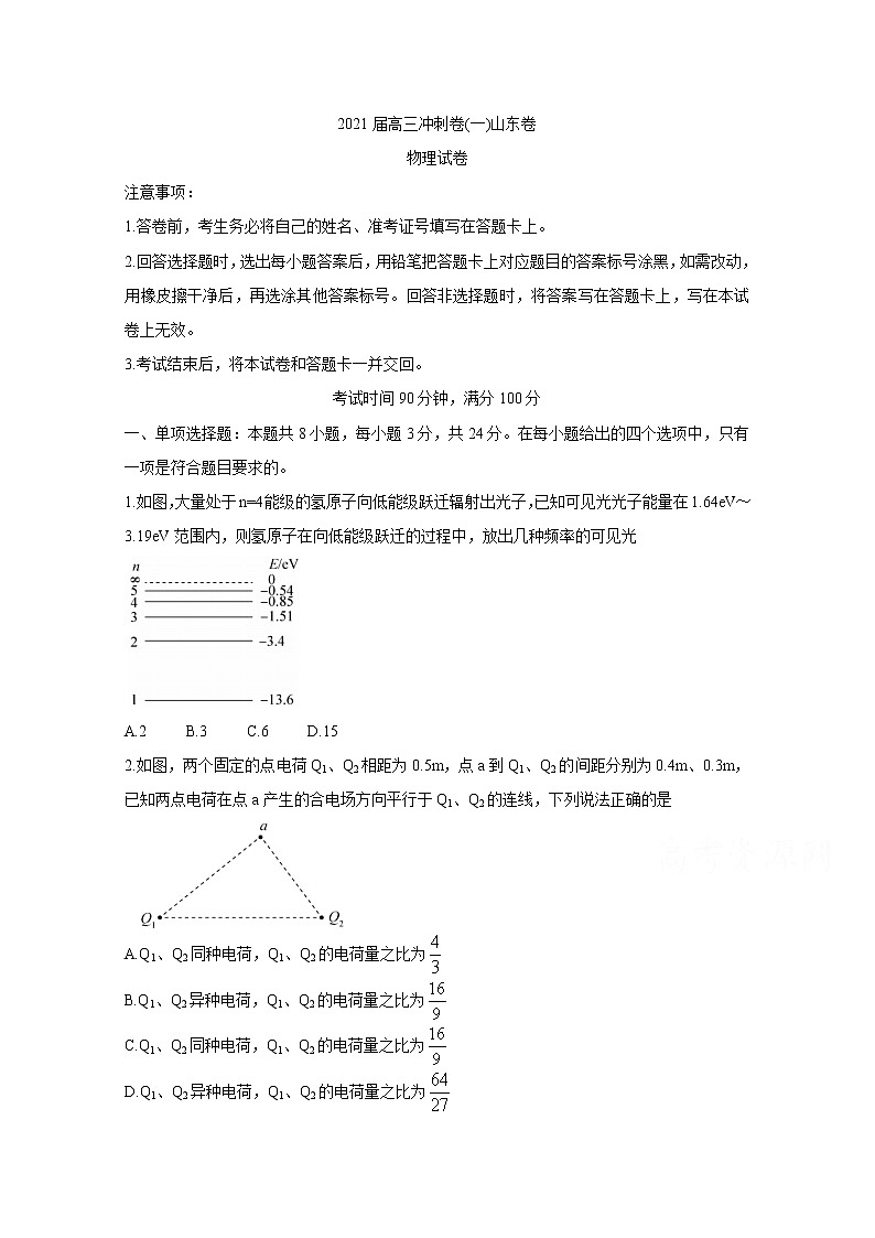 2021山东省高三下学期5月冲刺考试（一）物理含解析第1页