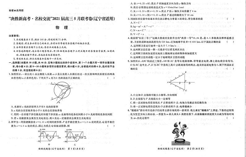 2021辽宁省高三下学期决胜新高考名校交流5月联考物理试题扫描版含答案01