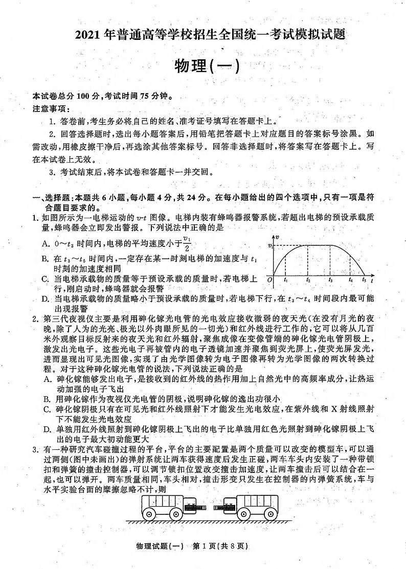 2021年普通高等学校招生全国统一考试模拟试题  物理（一)第1页