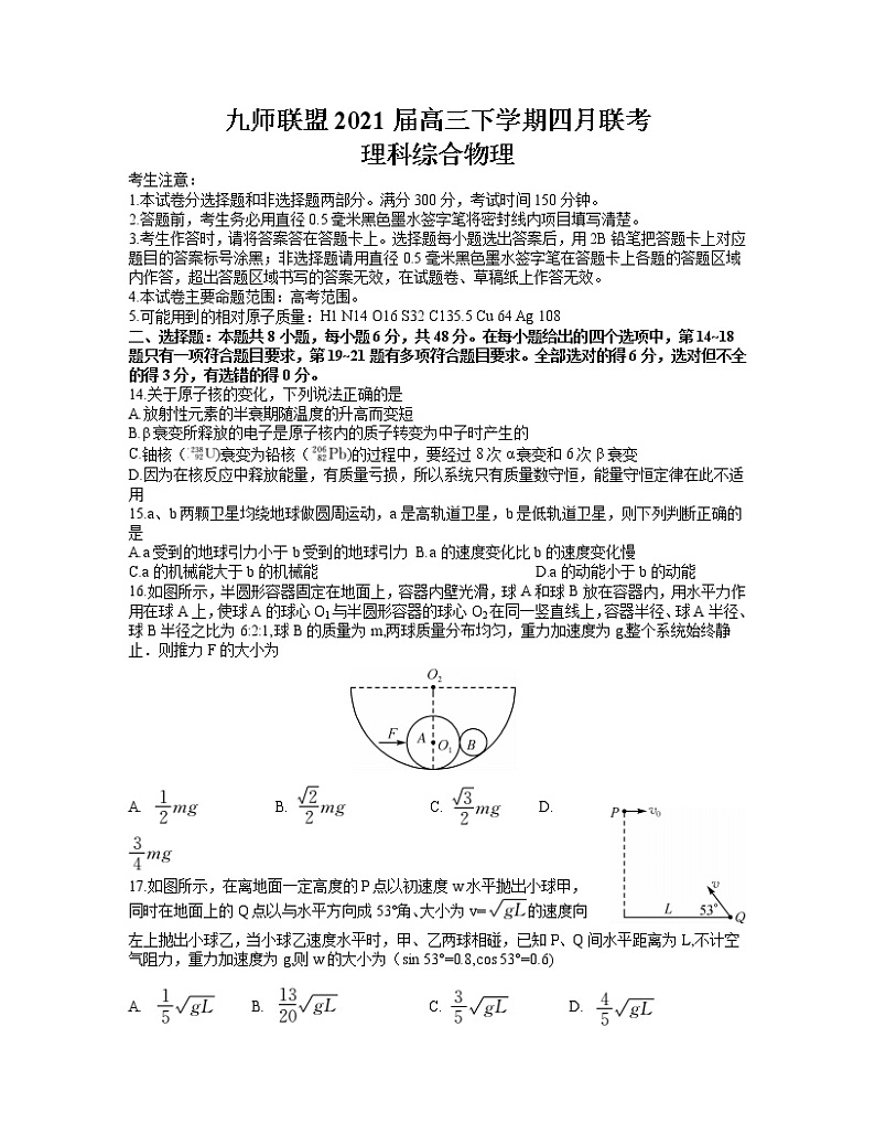 2021河南省九师联盟高三下学期四月联考理科综合物理试题含答案01