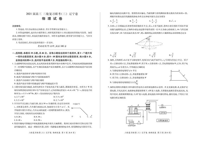 2021辽宁省高三下学期5月二轮复习联考（二）物理试题PDF版含答案01