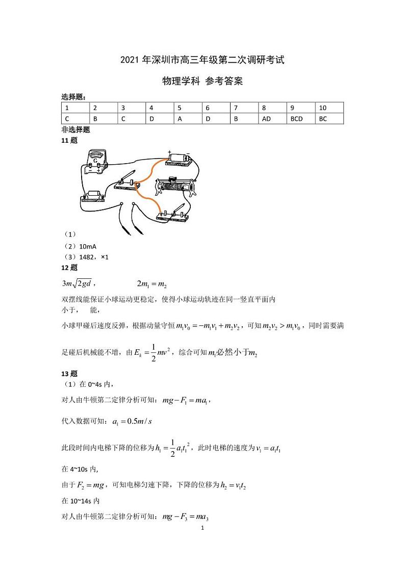 2021年深圳市高三年级第二次调研考试——物理答案第1页