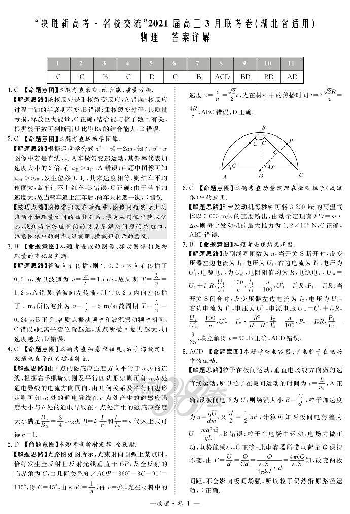 物理解析-湖北版-“决胜新高考·名校交流“2021届高三3月联考卷第1页