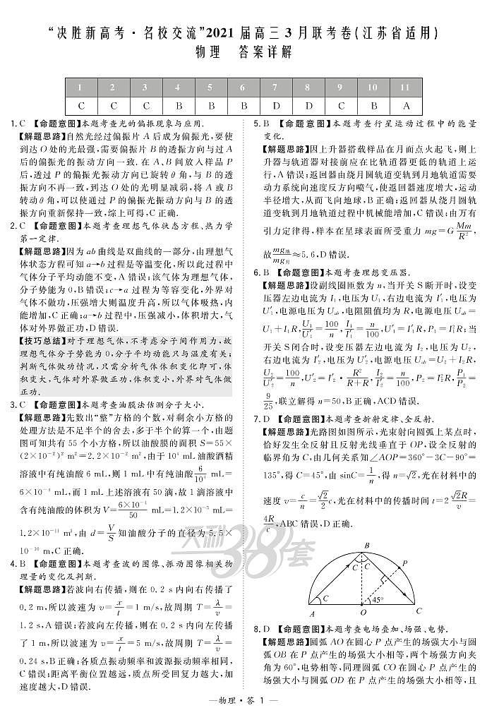 物理解析-江苏版-“决胜新高考·名校交流“2021届高三3月联考卷第1页