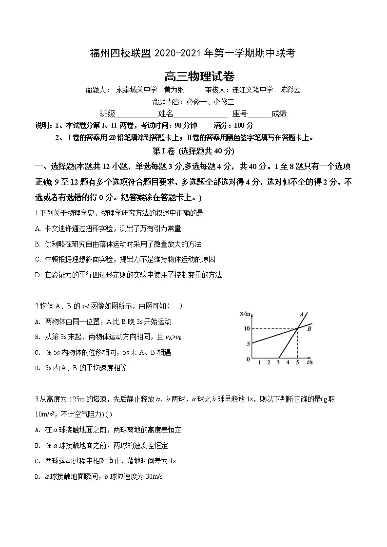 1、福州四校联盟20-21上期中联考高三物理试卷第1页