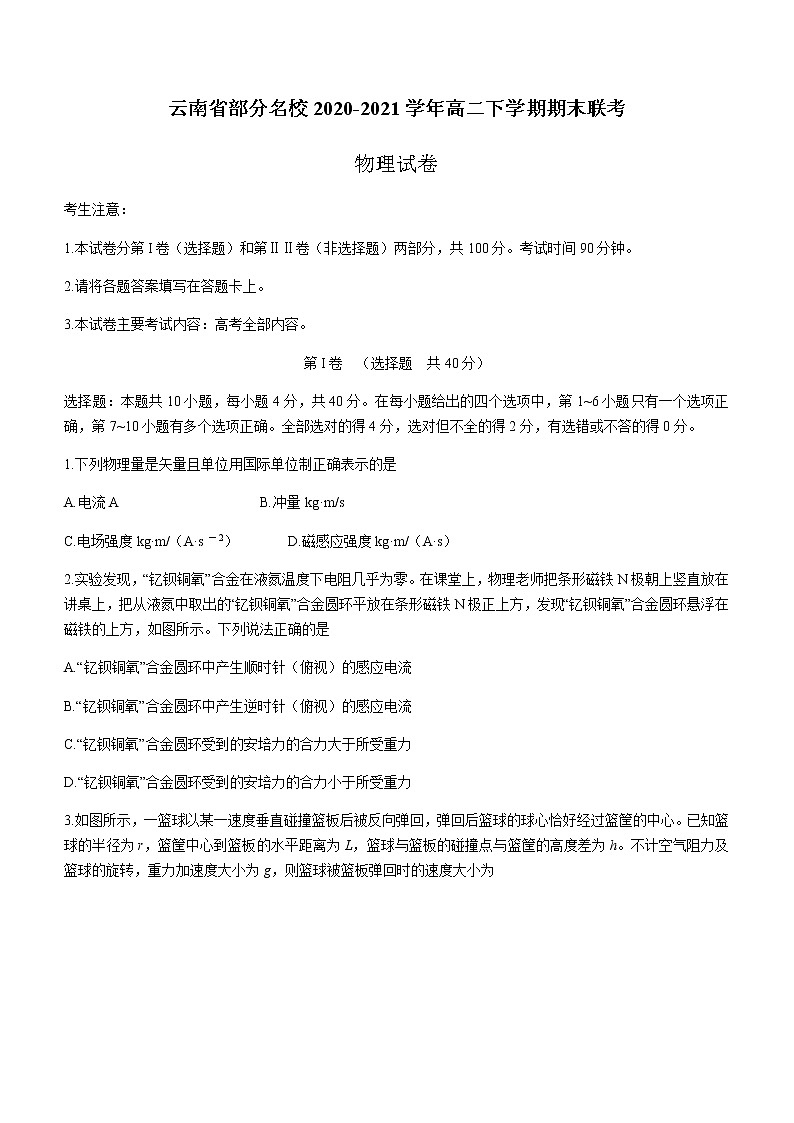 2021云南省部分名校高二下学期期末联考物理试题缺答案01