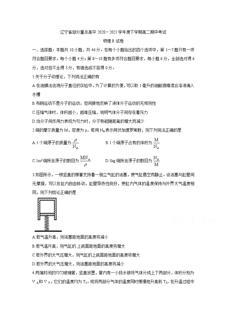 2021辽宁省部分重点高中高二下学期期中考试物理（B）含答案第1页
