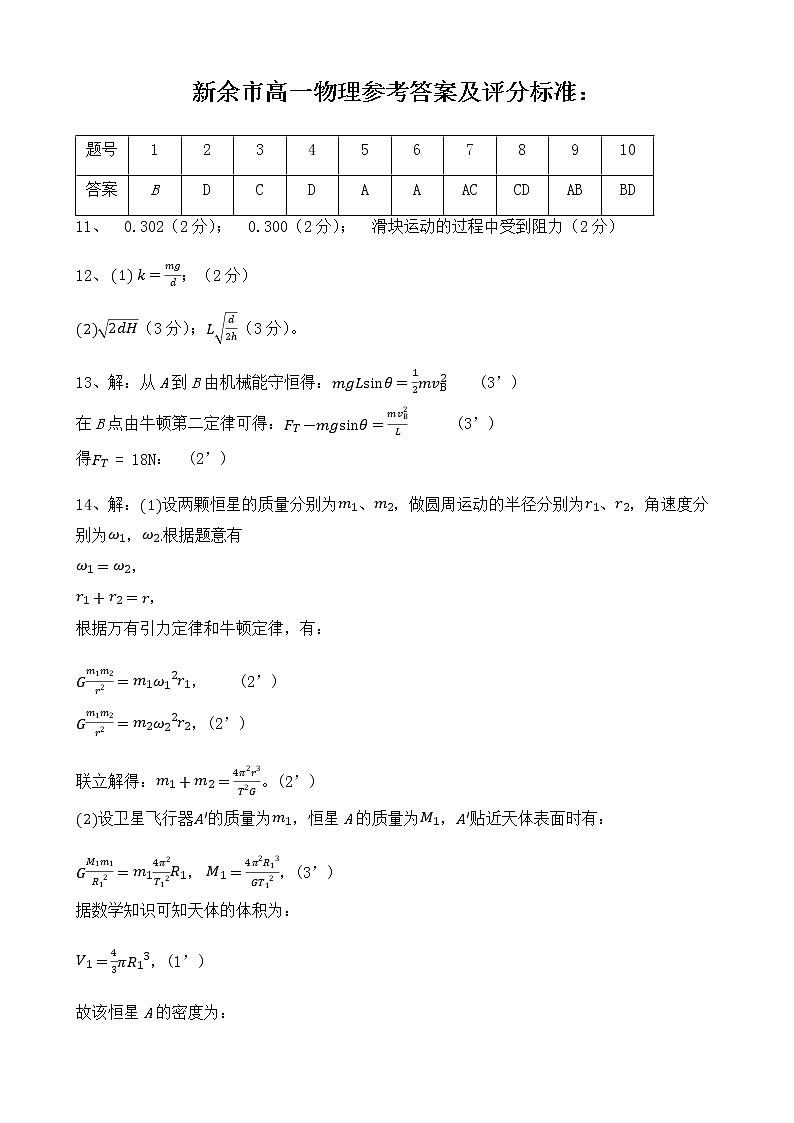 江西省新余市2019-2020学年高一下学期期末考试物理答案第1页