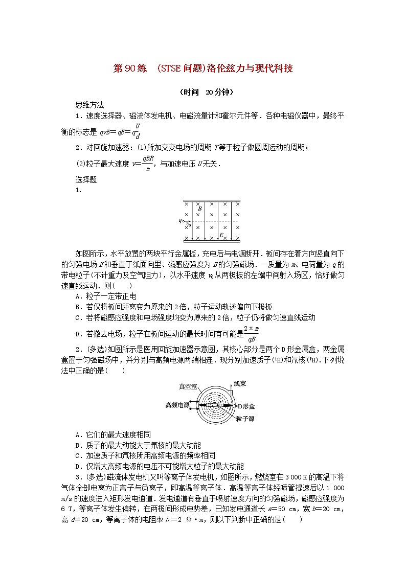 高考物理复习特训考点十一磁场安培力与洛伦兹力第90练(STSE问题)洛伦兹力与现代科技含解析第1页