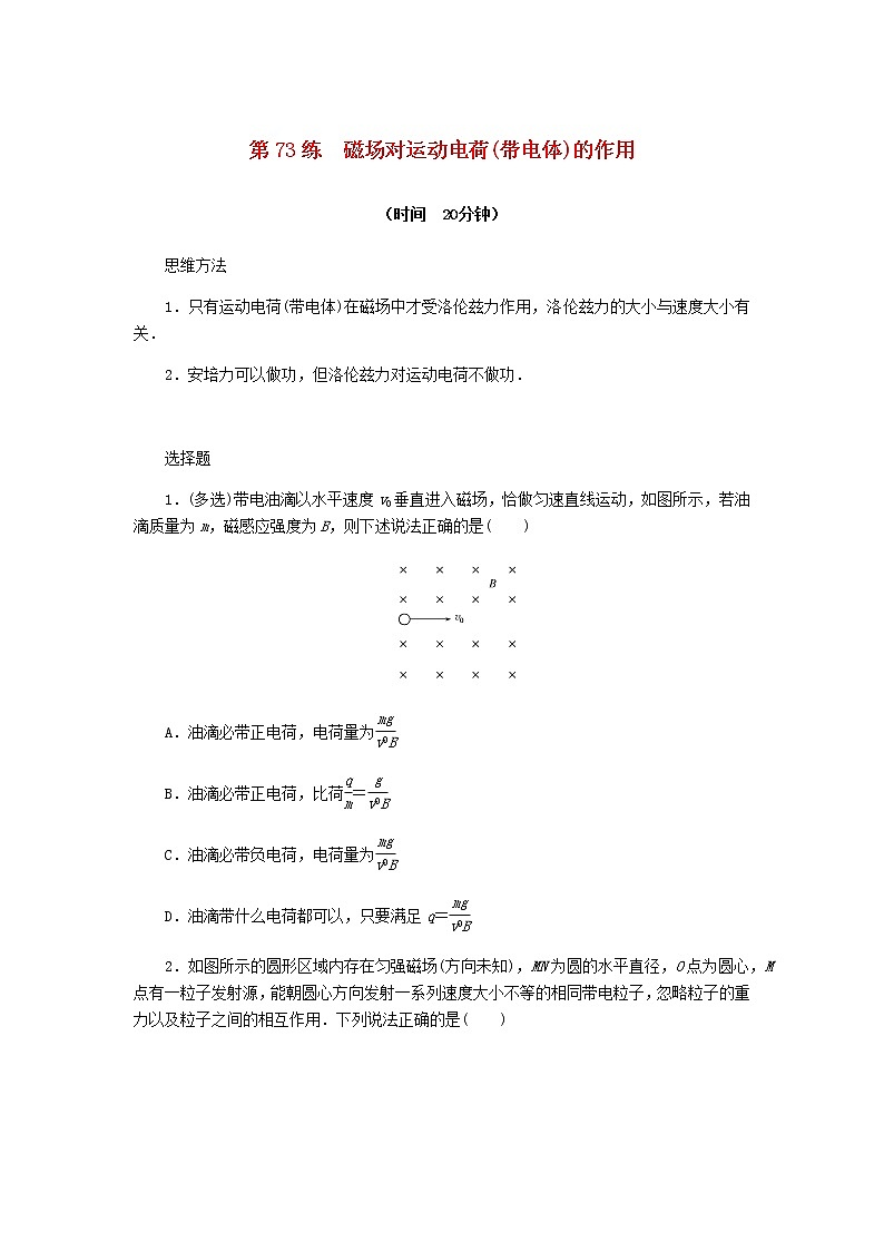 统考版高考物理复习热点专项练九磁场第73练磁场对运动电荷(带电体)的作用含答案01