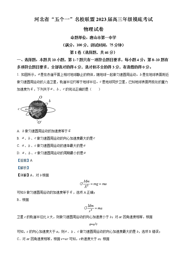2023届河北省五个一名校联盟高三（上）摸底考试物理试题（解析版）第1页