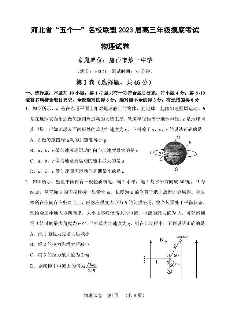 河北省“五个一”名校联盟2023届高三年级摸底考试物理试卷第1页