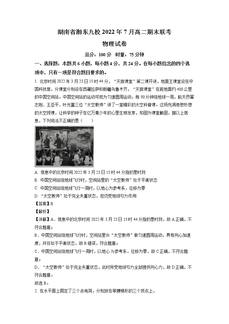 2021-2022学年湖南省湘东九校高二（下）期末联考物理试题（解析版）01