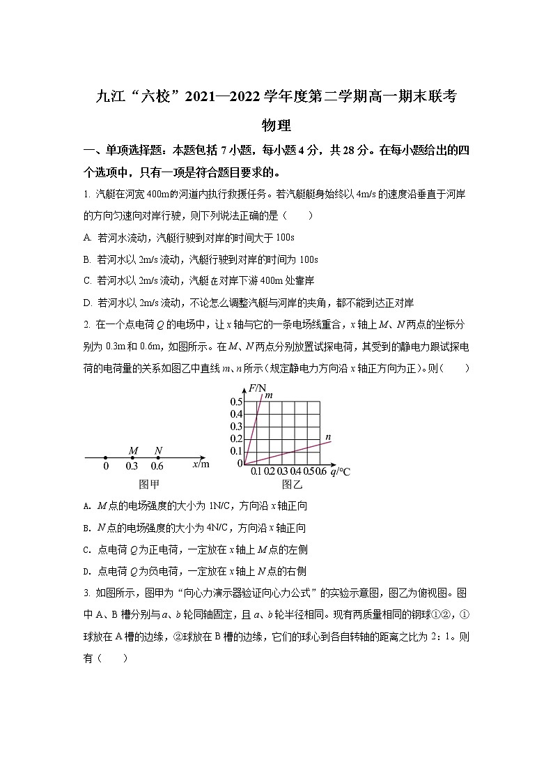 2021-2022学年江西省九江六校高一下学期期末联考物理试卷01