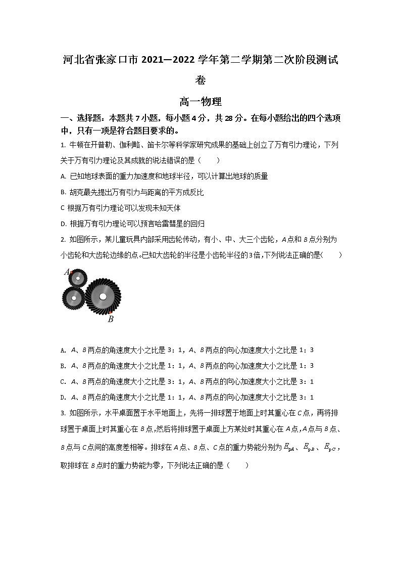 2021-2022学年河北省张家口市高一下学期第二次阶段检测物理试卷第1页