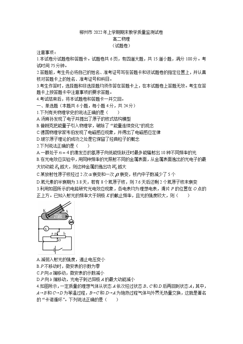 2021-2022学年湖南省郴州市高二（下）期末物理试题（Word版）01