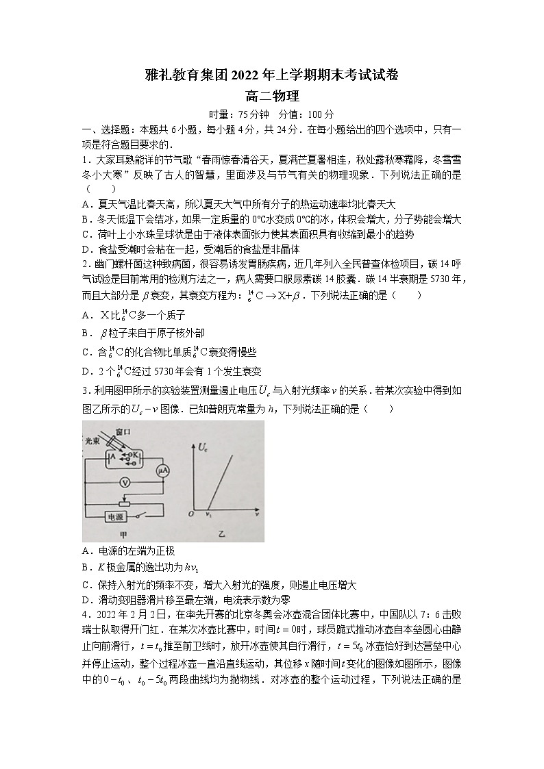 2022长沙雅礼教育集团高二下学期期末物理试卷含答案第1页