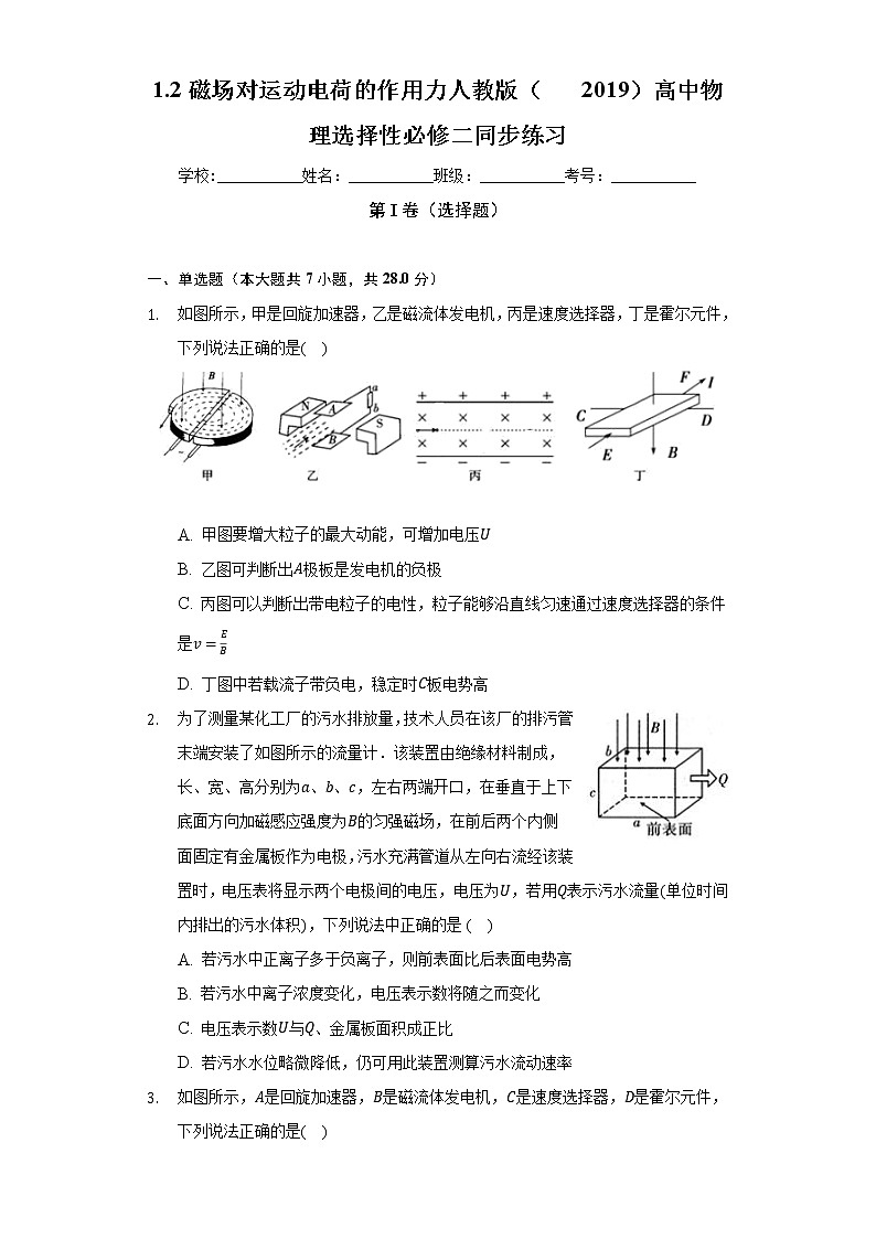 1.2磁场对运动电荷的作用力    人教版（2019）高中物理选择性必修二同步练习（含答案解析）01
