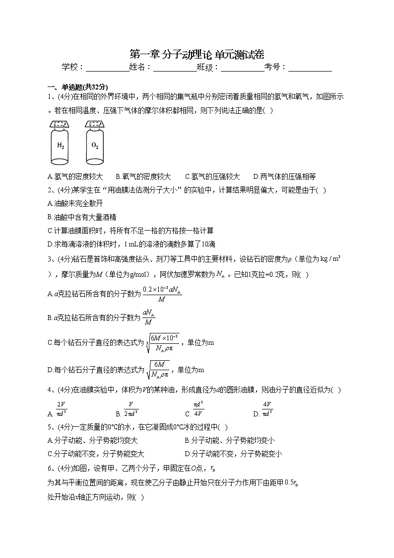 2022-2023学年人教版（2019）选择性必修三第一章 分子动理论 单元测试卷(word版含答案)第1页