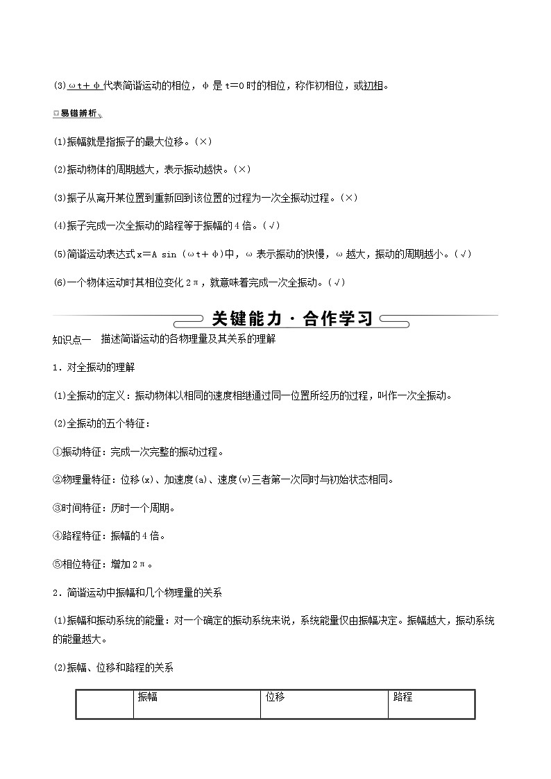 人教版高中物理选择性必修第一册第2章机械振动2简谐运动的描述学案03