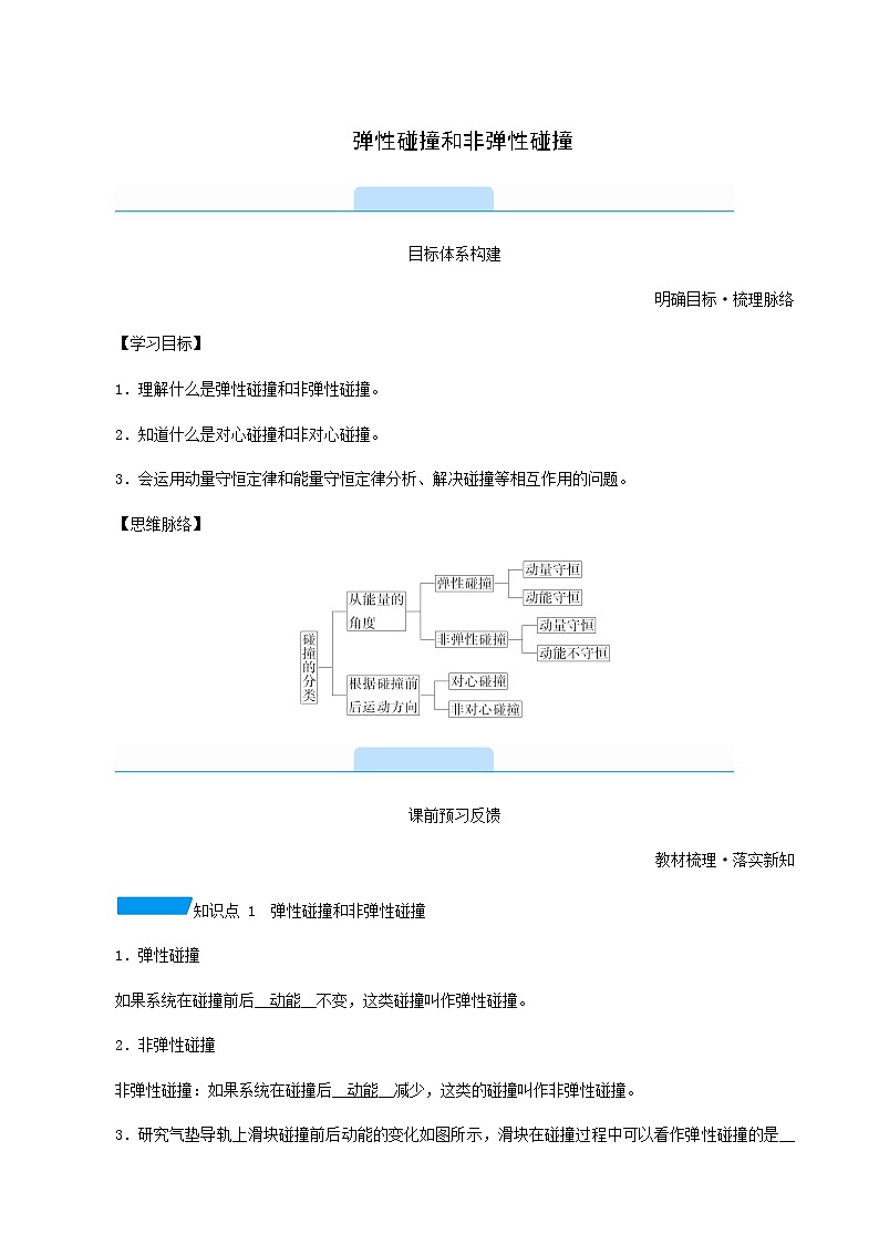 人教版高中物理选择性必修第一册第1章动量守恒定律5弹性碰撞和非弹性碰撞学案01