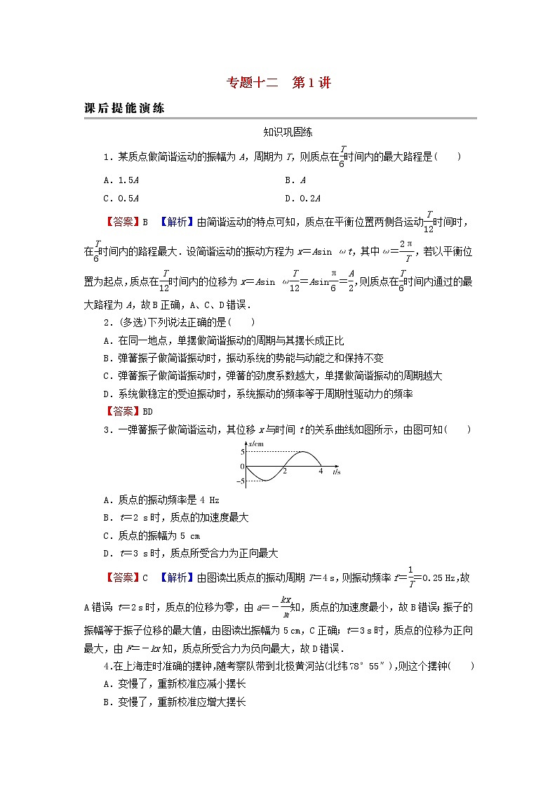 2023版高考物理一轮总复习专题12机械振动光学第1讲机械振动振动图像课后提能演练第1页