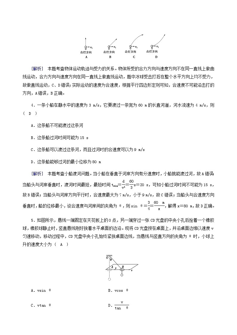 人教版高考物理一轮复习第4章曲线运动万有引力与航天第1讲曲线运动运动的合成与分解课时练含答案02