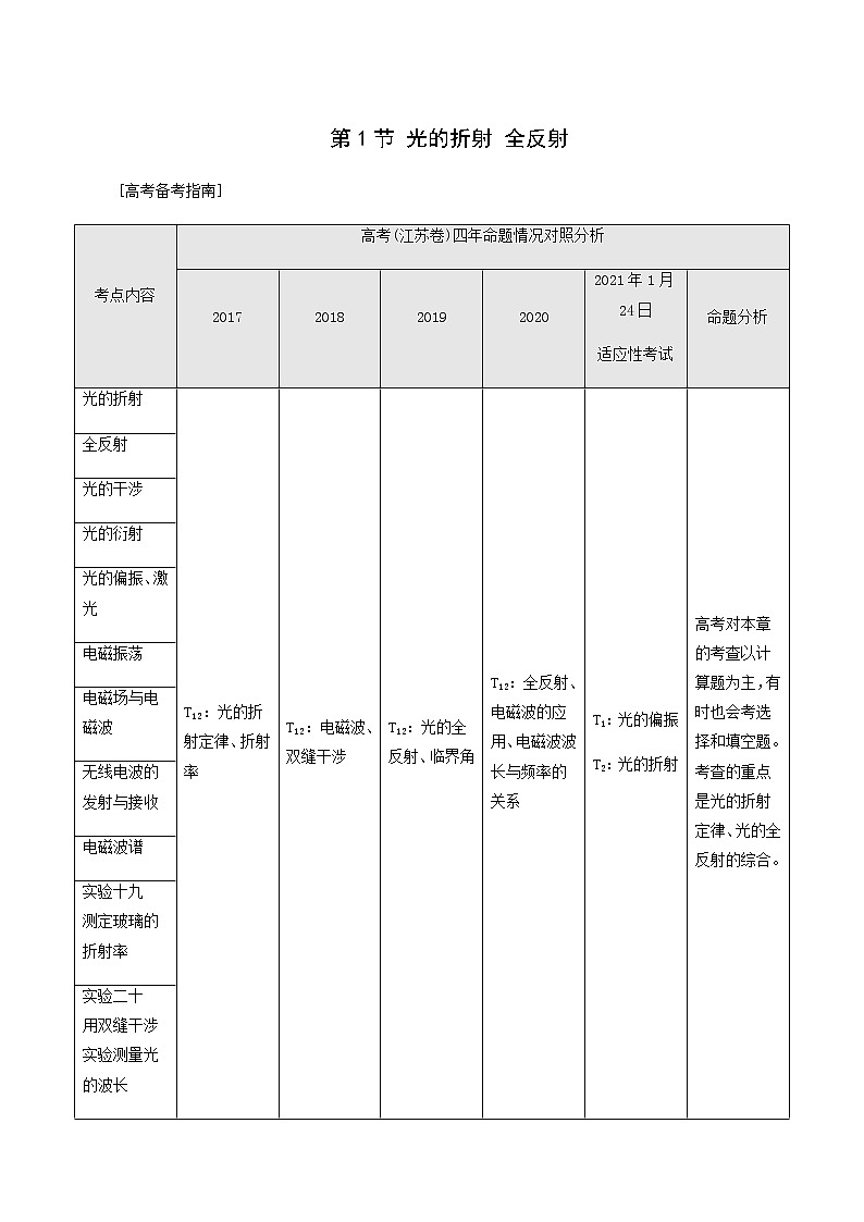 人教版高考物理一轮复习第14章光电磁波第1节光的折射全反射学案01