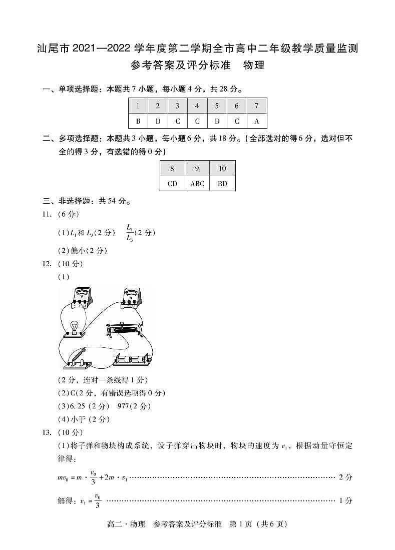 2022汕尾高二下学期期末考试物理PDF版含解析01