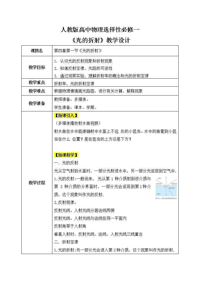 人教版（2019）高中物理选择性必修第一册 4.1《光的折射》课件PPT+教案+练习01